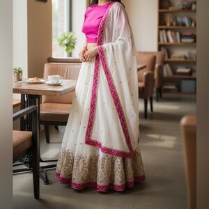 Elegant Pink and White Embroidered Skirt